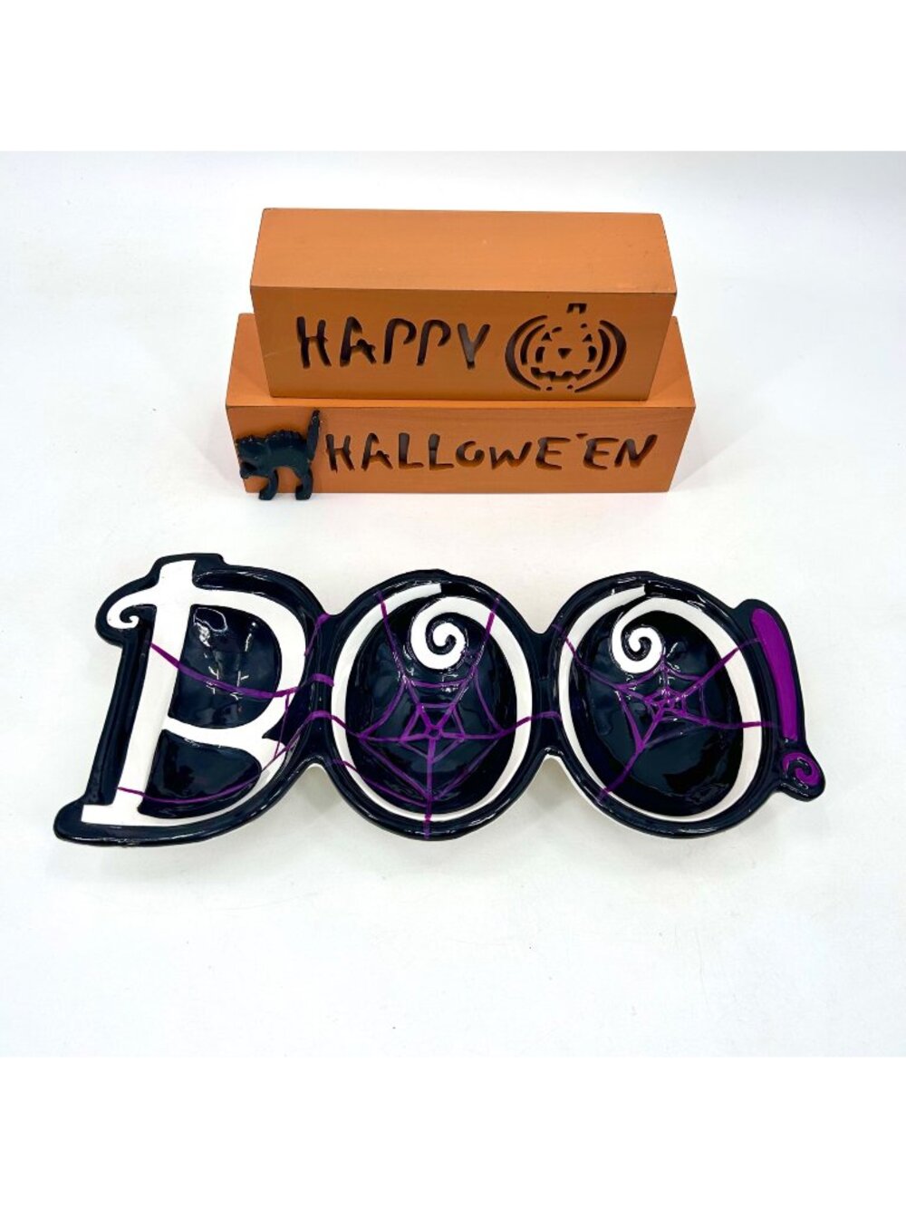 HALLOWEEN BOO CERAMIC CANDY DISH & HAPPY HALLOWEEN WOOD BLOCK DECOR SET